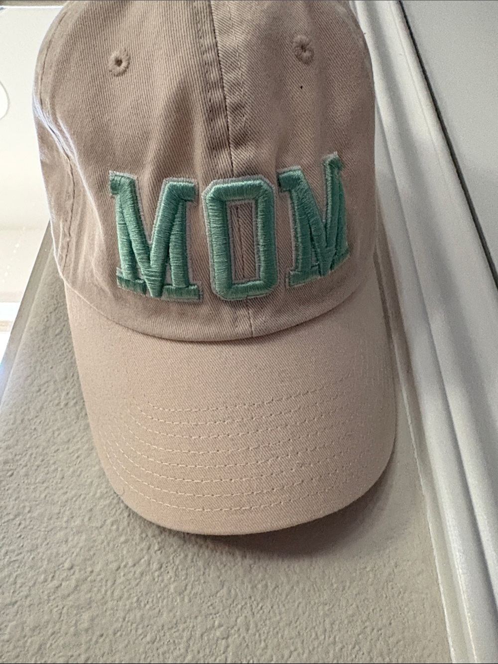 MOM Embroidered Baseball Cap - Light Pink with Mint Lettering